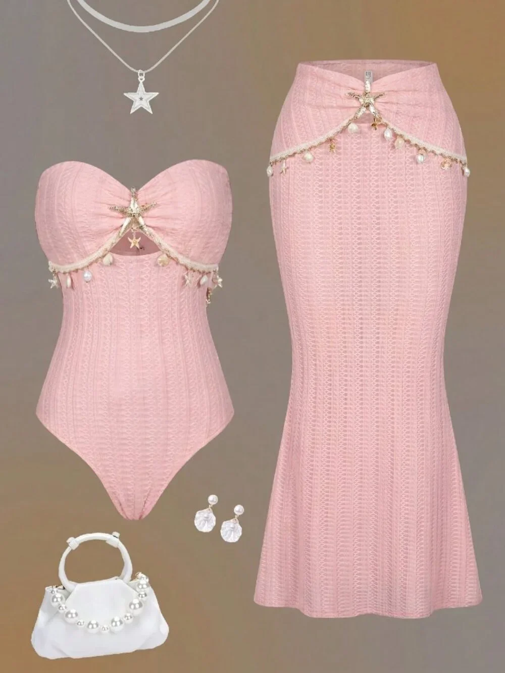 Pink Casual Women's One-Piece Beach swimsuit matching coverup skirt